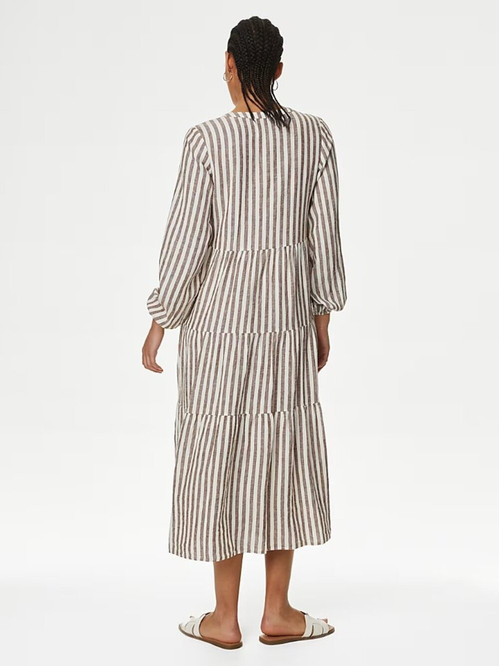 Marks & Spencer Linen Rich Striped V-Neck Midaxi Tiered Dress - Picture 3 of 8